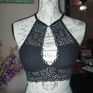 French Affair Black Lacy Scalloped Halterneck Keyhole Bralette